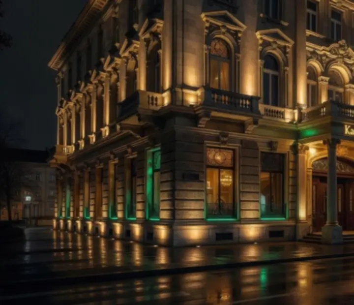 A Jack Veerto Casino elegáns történelmi homlokzata éjszakai megvilágításban.