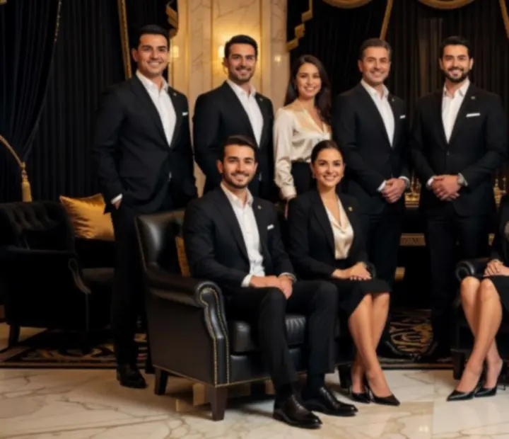 Elegánsan öltözött vezetői csapat csoportképe a kaszinó belső terében