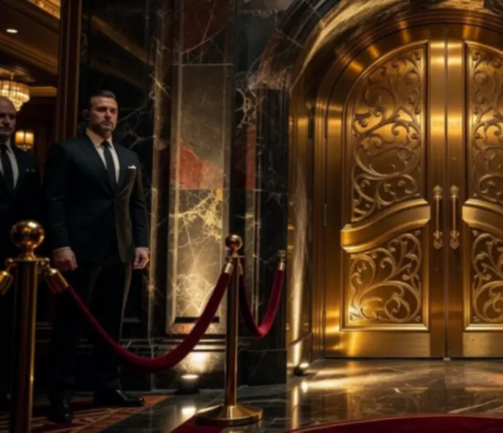 A Jack Veerto Casino luxus hangulatú főbejárata aranyszínű ajtókkal.
