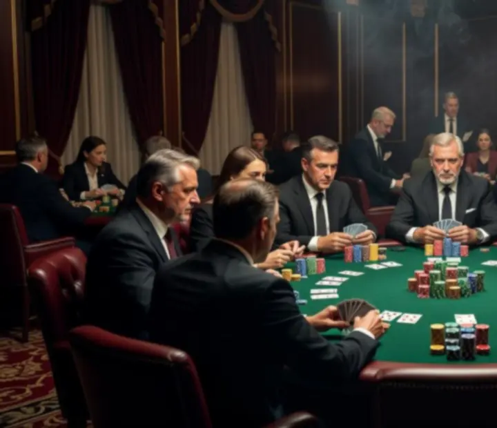 Magas tétes pókerbajnokság elegáns játékosokkal a Jack Veerto kaszinó pókertermében.
