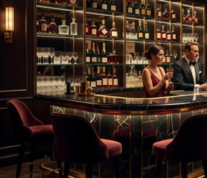 Elegáns póker lounge bárpulttal, prémium italokkal és hangulatos megvilágítással.
