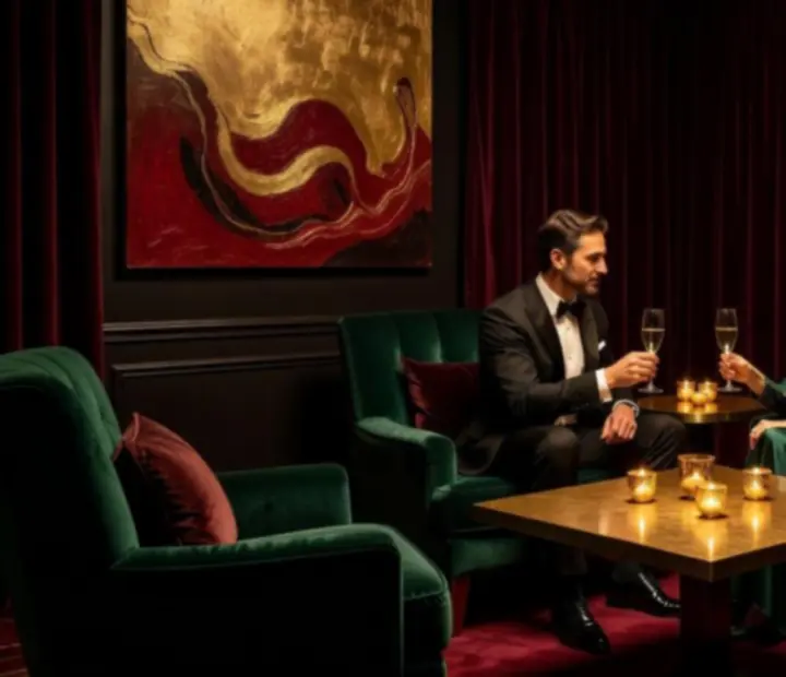 Privát VIP lounge a Jack Veerto Casinóban, sötét, elegáns bútorokkal és hangulatos megvilágítással.