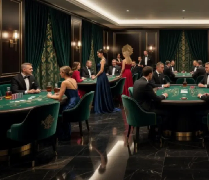Luxus VIP kaszinóinteriőr smaragdzöld és arany részletekkel, elegáns ülőgarnitúrákkal.