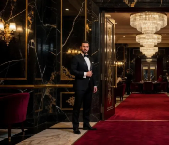 A Jack Veerto Casino VIP Klubjának elegáns, aranyfényben úszó főbejárata.